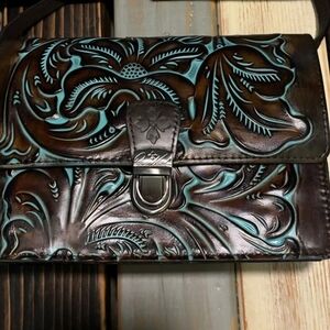 Patricia Nash Floral Design Tooled Leather Crossbody Bag Great Used Condition!!